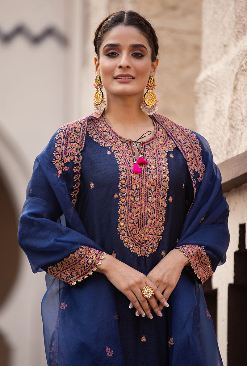 Navy Heavy Marodi Long Ulfat Kurta Set