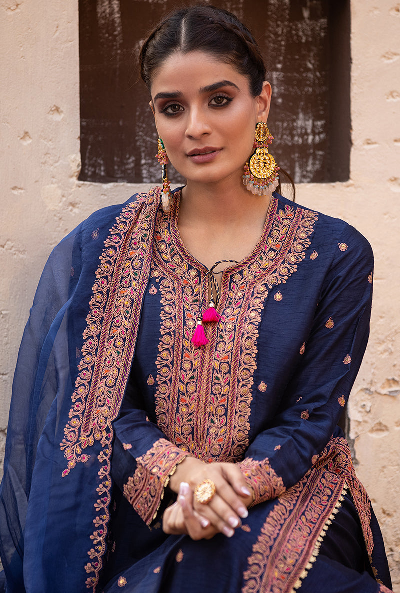 Navy Heavy Marodi Long Ulfat Kurta Set