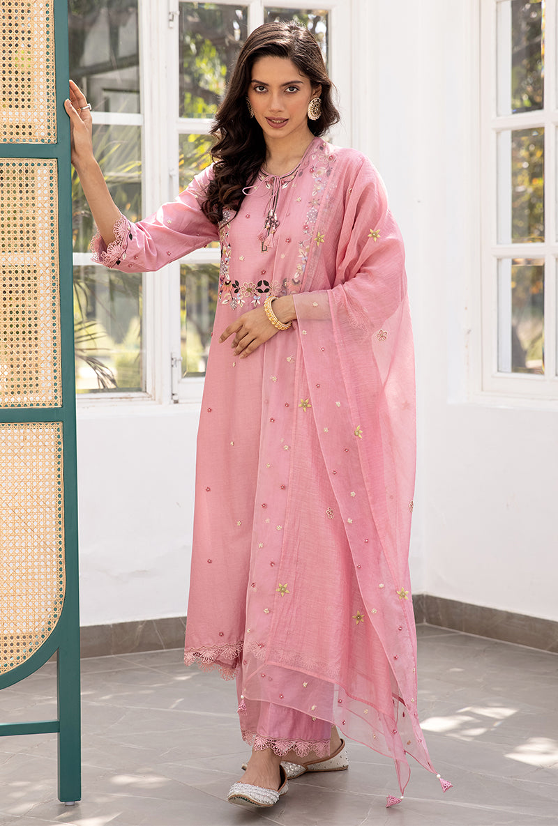 Pink French Knot Handkerchief Suhaani Kurta Set