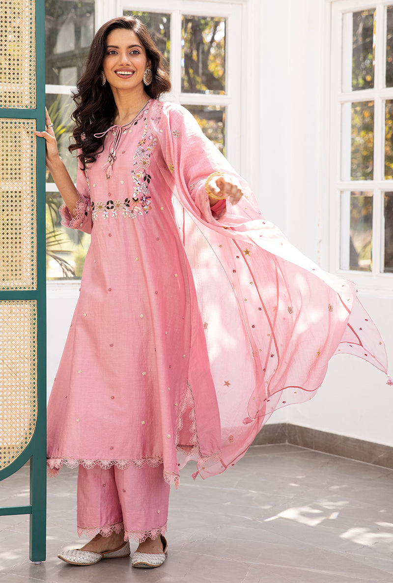 Pink French Knot Handkerchief Suhaani Kurta Set