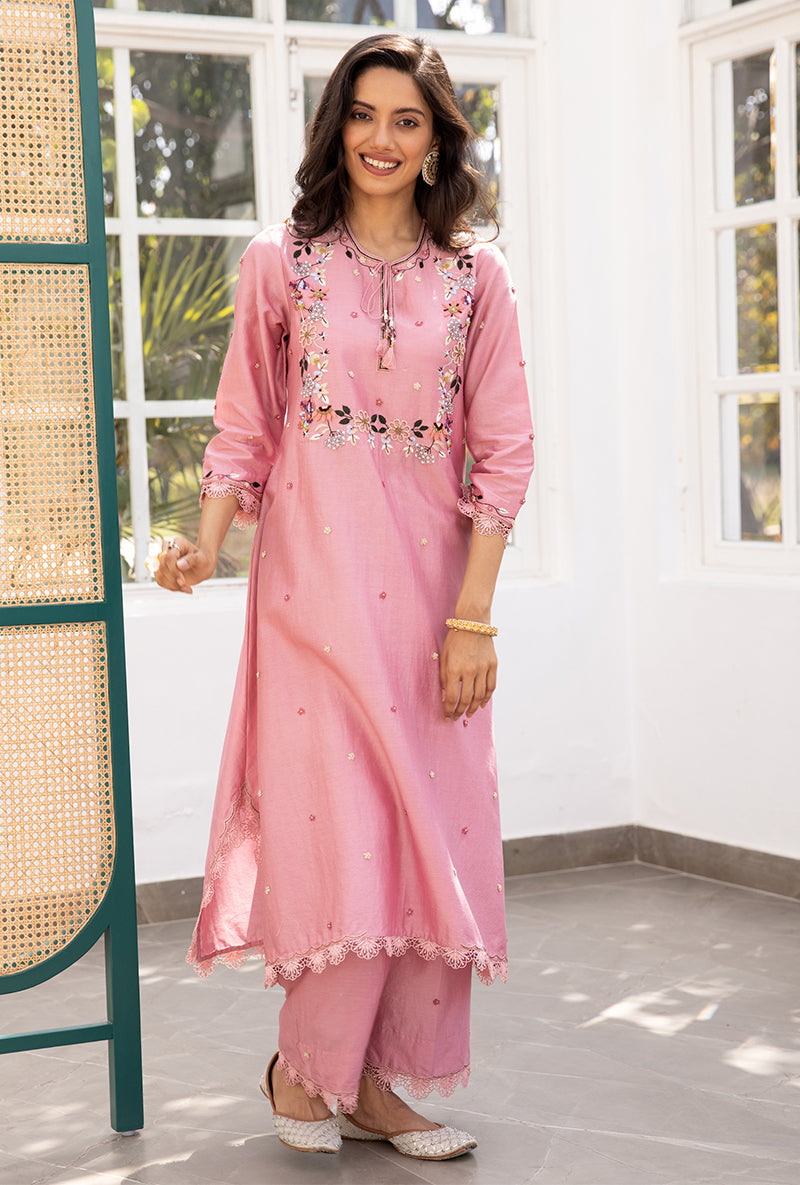 Pink French Knot Handkerchief Suhaani Kurta Set