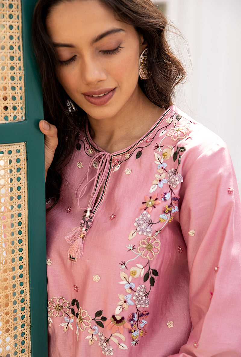 Pink French Knot Handkerchief Suhaani Kurta Set