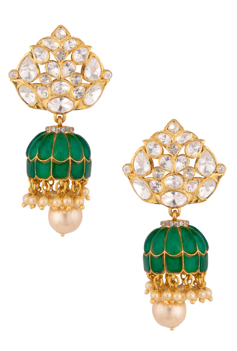Emerald & Polki Gold Plated Silver Jhumki With Fresh Water Pearl Drops
