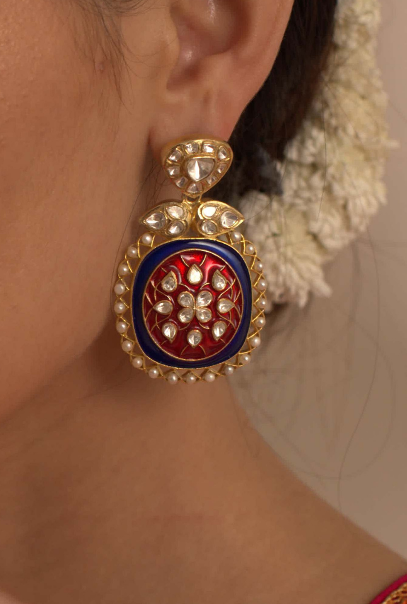 Gold Plated Polki Silver Earrings With Red & Blue Enameling