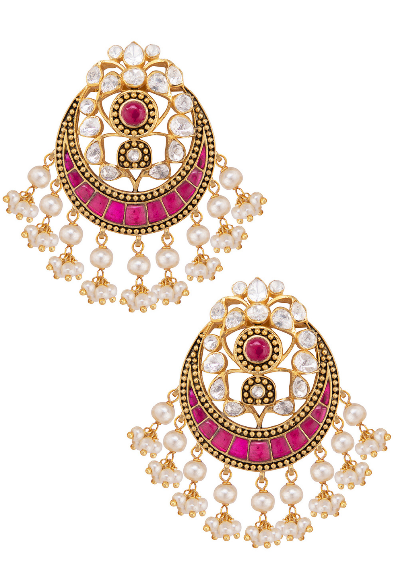 Gold Plated Silver Earrings With Polki & Red Stones And Pearl Drops