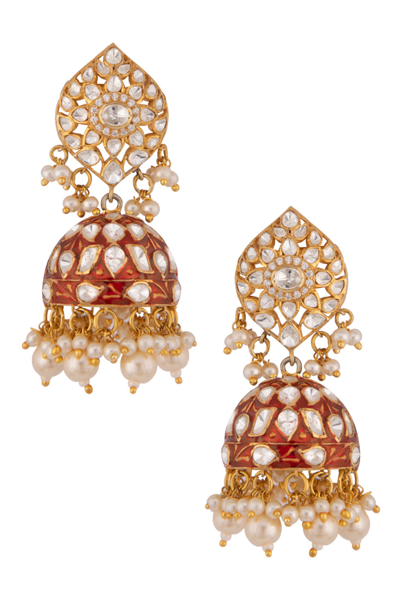 Gold Plated Silver Polki Jhumkis With Red Stone And Pearl Drops