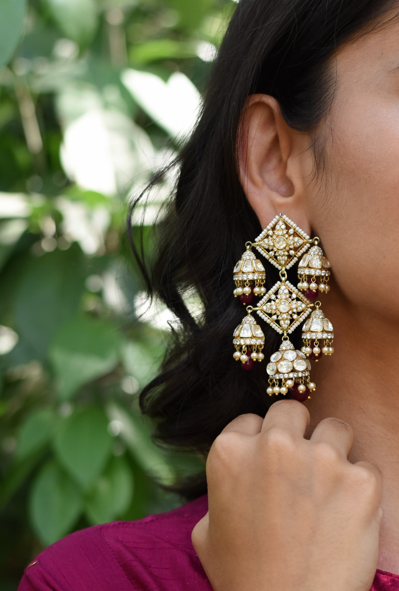 Gold Plated Silver Polki & Dia Long Jhumki Earrings
