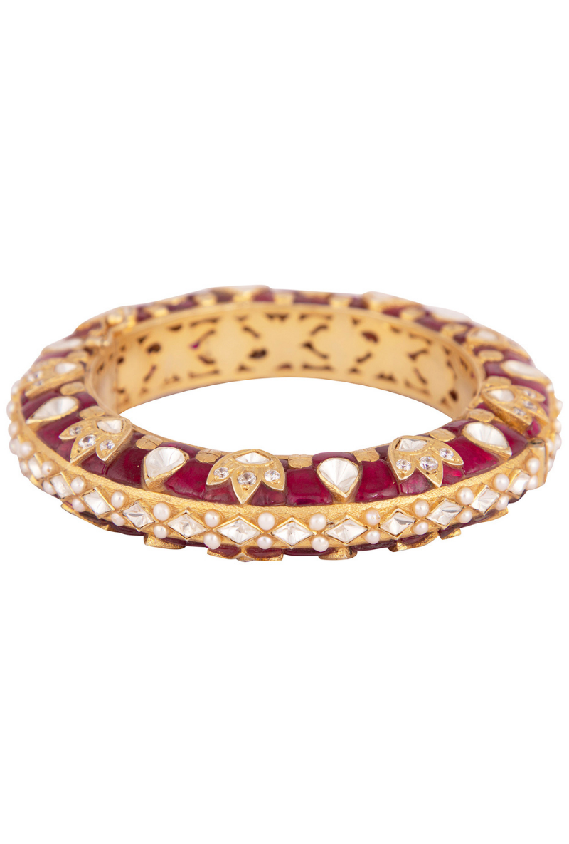 Gold Plated Silver Polki Openable Kada With Red Stones & Pearls
