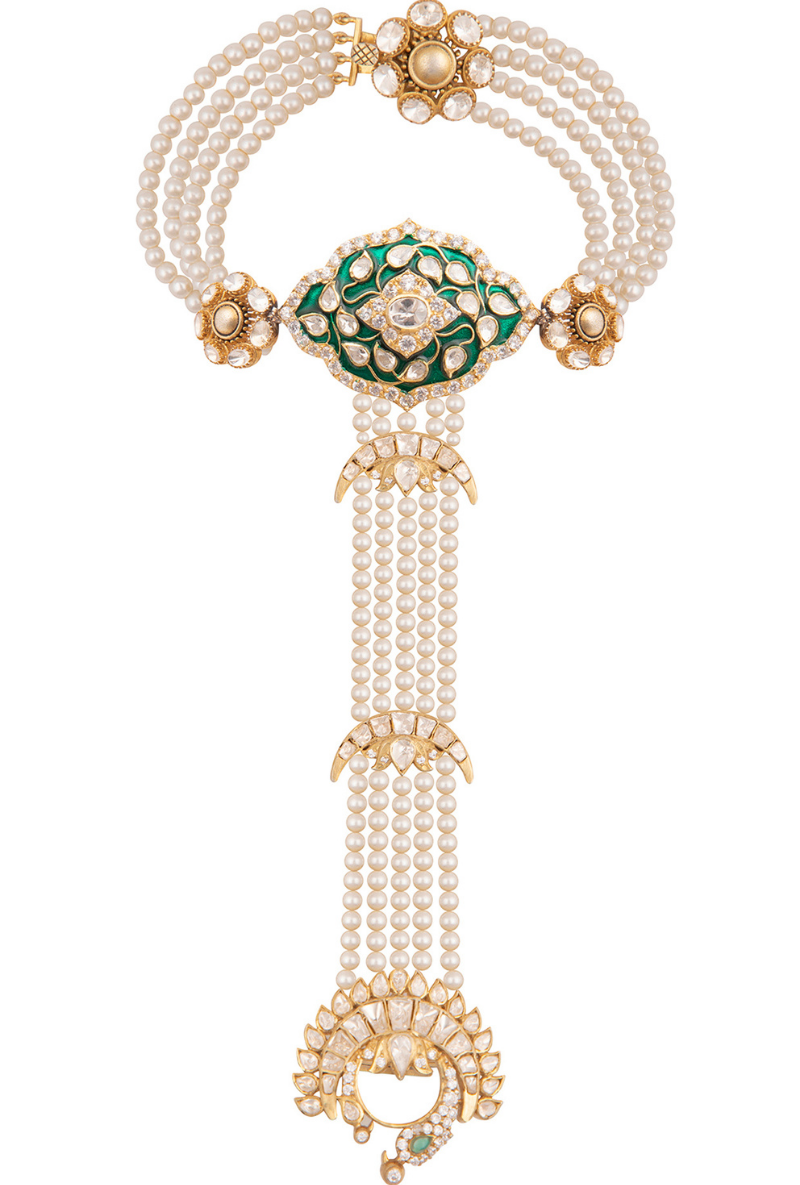 Gold Plated Silver Polki Hathphool With Green Enamel & Pearls