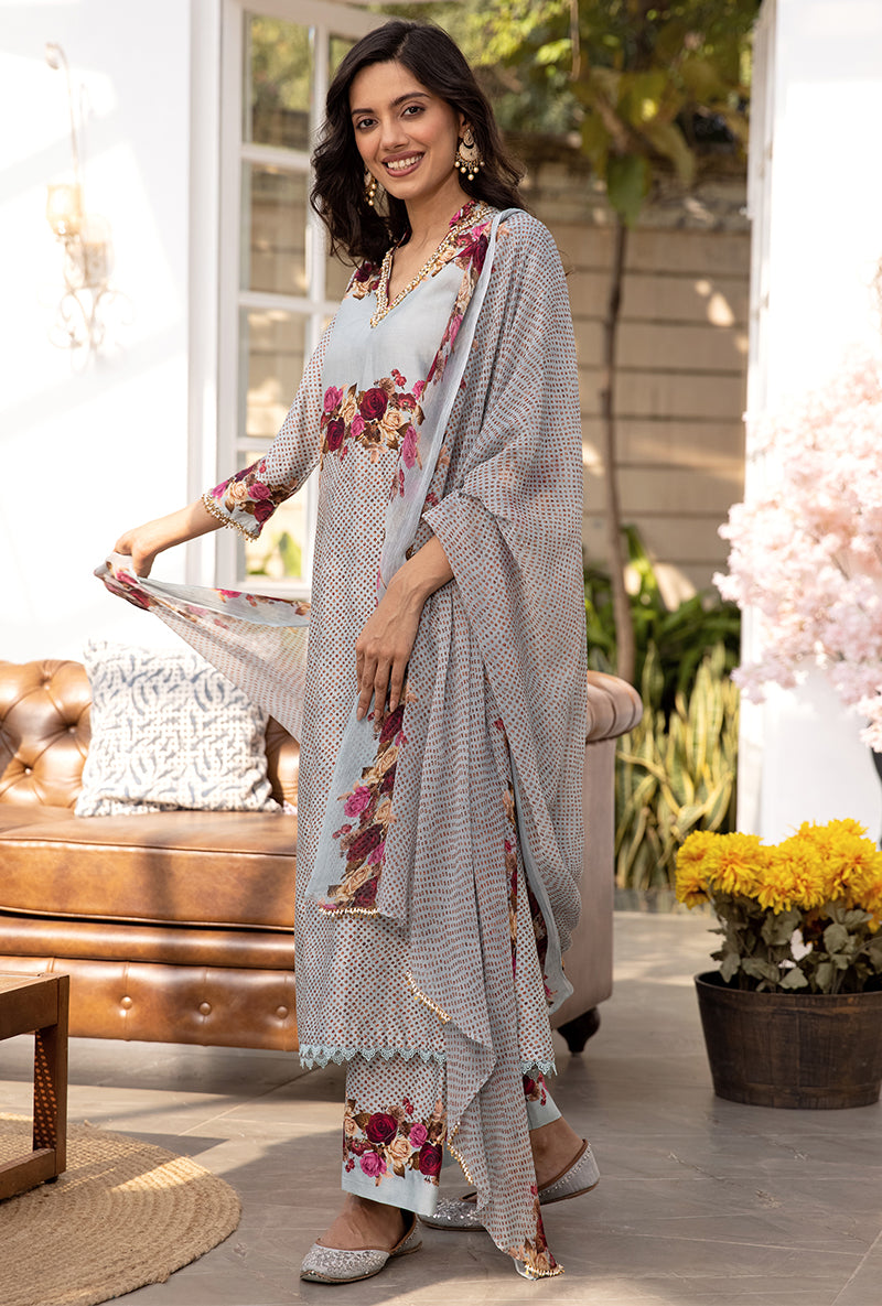 Blue Vintage Rose Suhaani Kurta Set