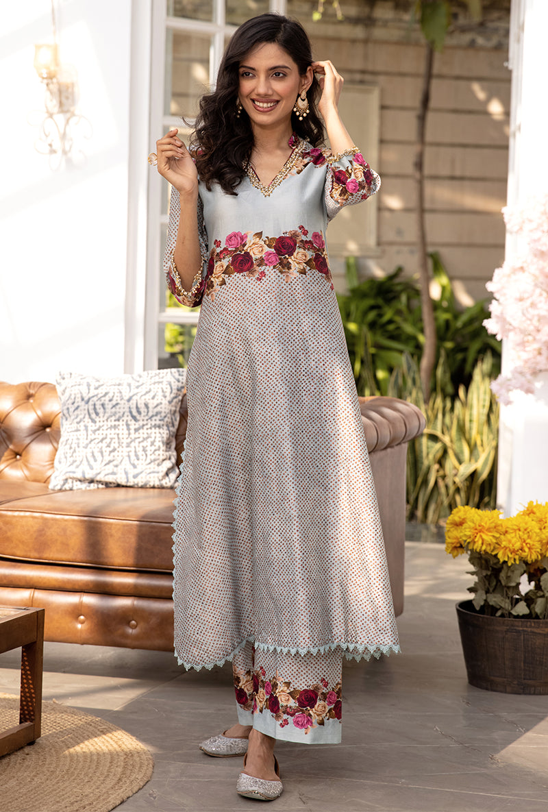 Blue Vintage Rose Suhaani Kurta Set