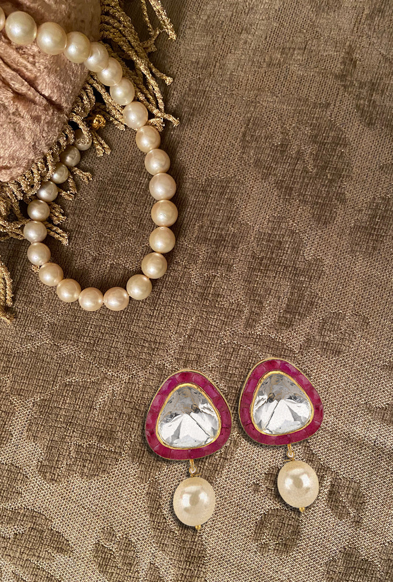 Gold Plated Silver Polki Triangular Earrings With Red Utarai Border & Pearl Drop