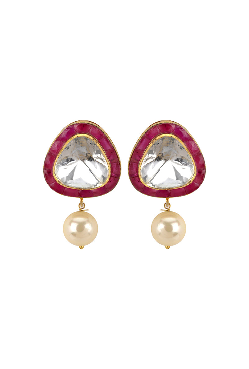 Gold Plated Silver Polki Triangular Earrings With Red Utarai Border & Pearl Drop