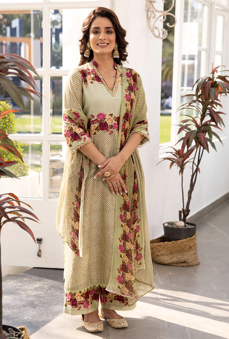 Green Vintage Rose Suhaani Kurta Set