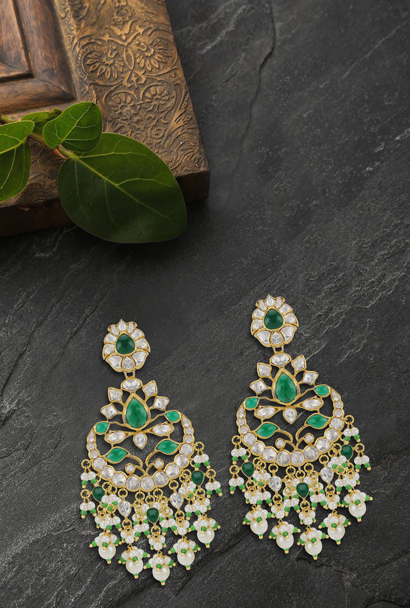 Gold Plated Silver Polki & Green Emerald Long Earrings With Pearl Drop Stringing
