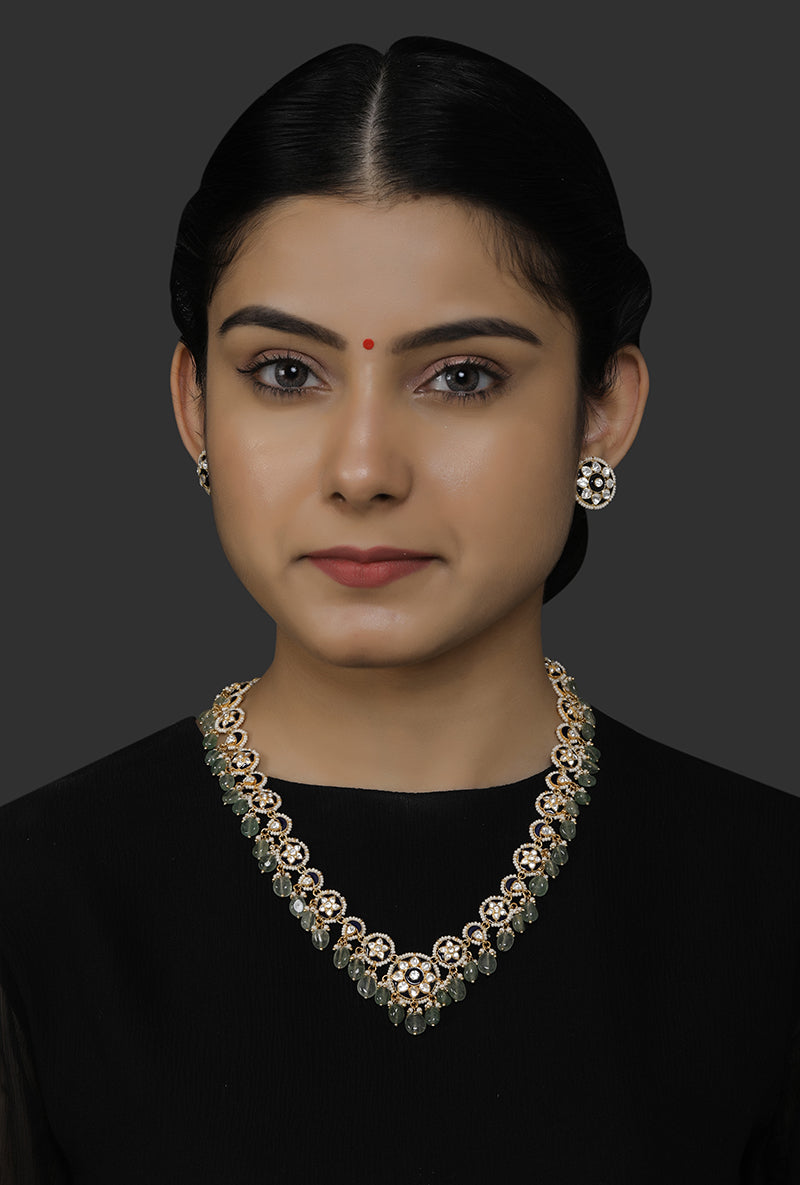 Gold Plated Silver Blue Enamel Floral Round Motif  Necklace With Green Drops And Ear Studs