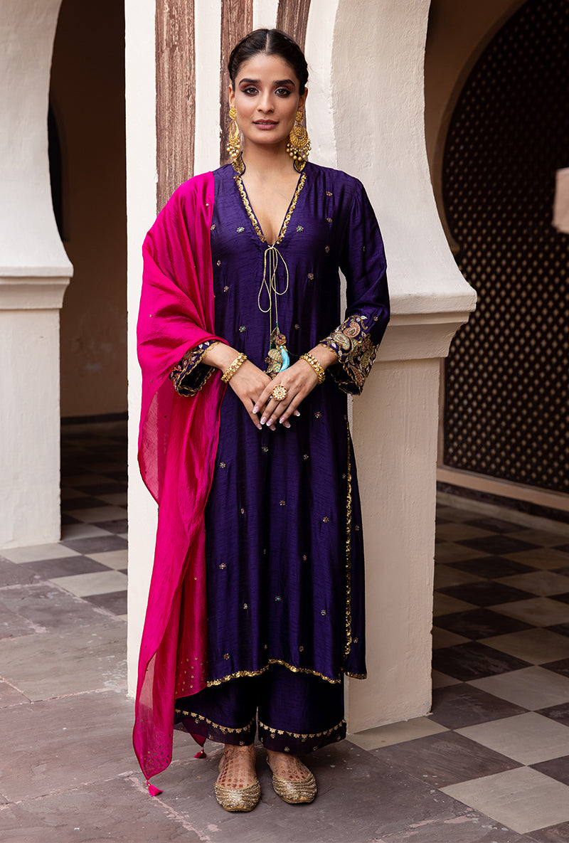 Purple Mughal Jaal Heavy Sleeve Ulfat Kurta Set