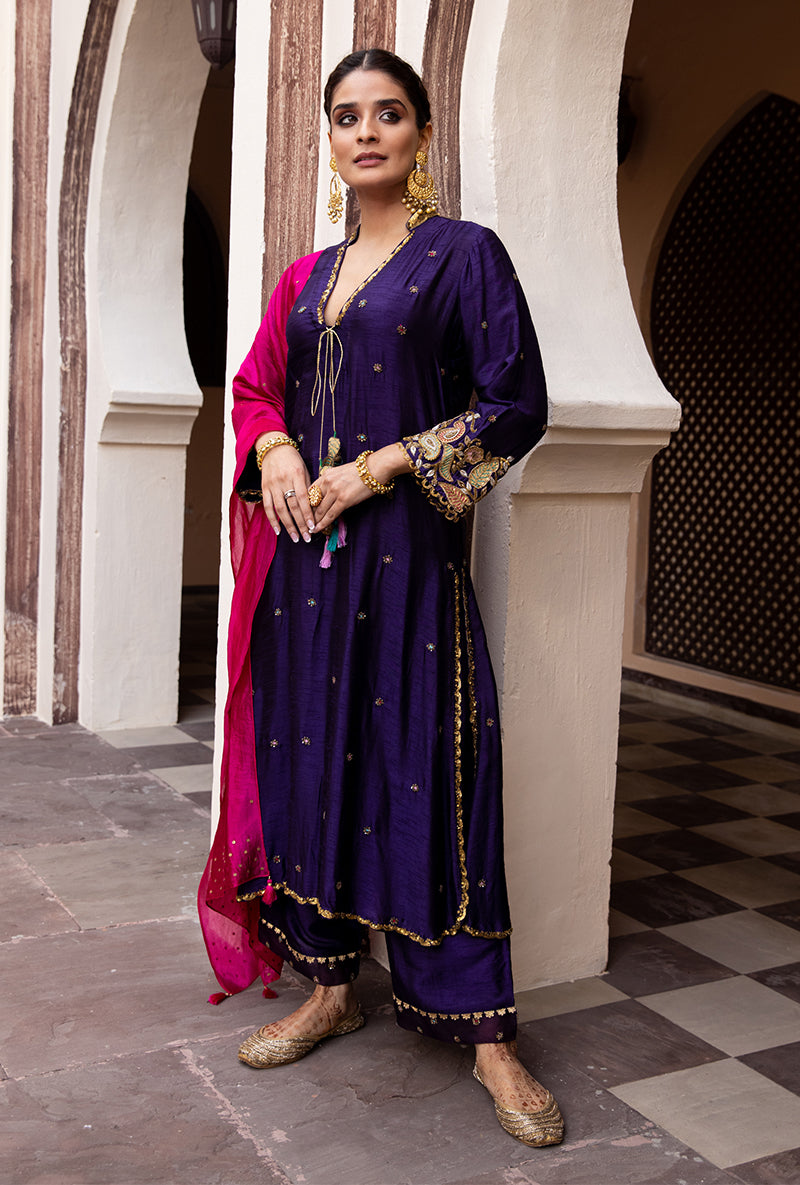 Purple Mughal Jaal Heavy Sleeve Ulfat Kurta Set