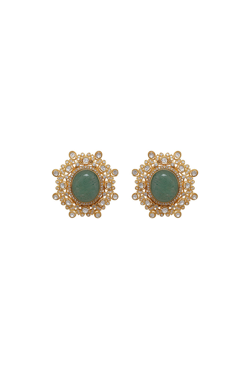 Gold Plated Silver Polki Studs With Green Oval Stone in Center