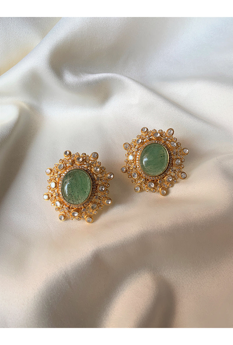 Gold Plated Silver Polki Studs With Green Oval Stone in Center