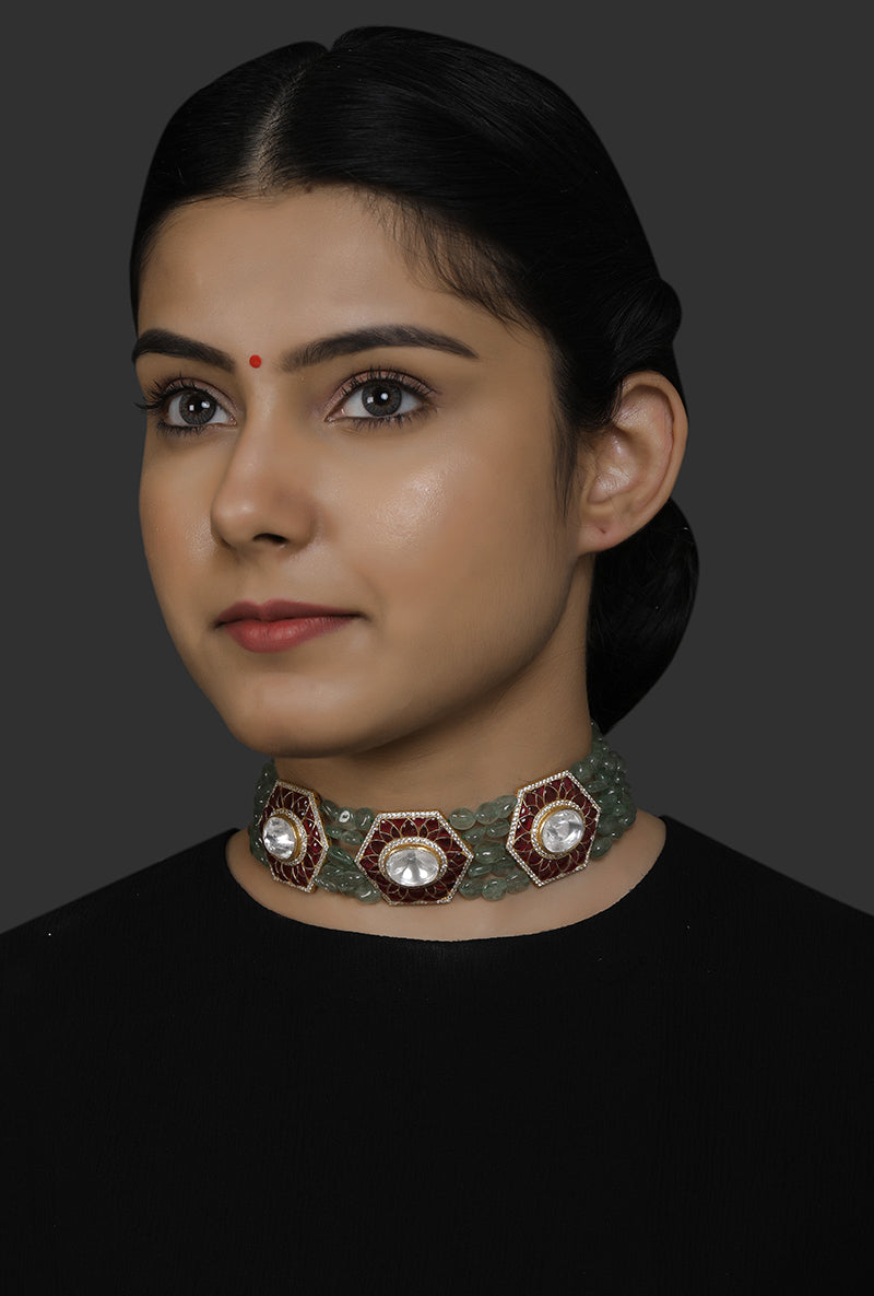 Gold Plated Silver Big Semi Moissanite Polki With Red Utrai & Green Bead Choker