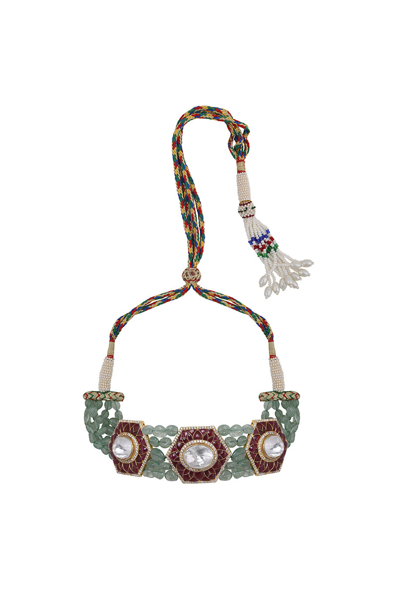 Gold Plated Silver Big Semi Moissanite Polki With Red Utrai & Green Bead Choker