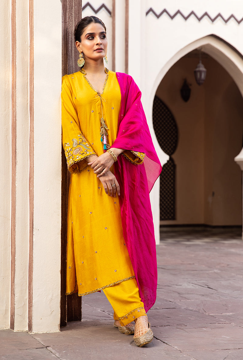 Mustard Mughal Jaal Heavy Sleeve Ulfat Kurta Set
