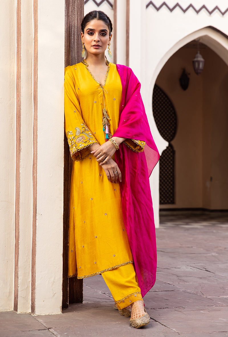 Mustard Mughal Jaal Heavy Sleeve Ulfat Kurta Set
