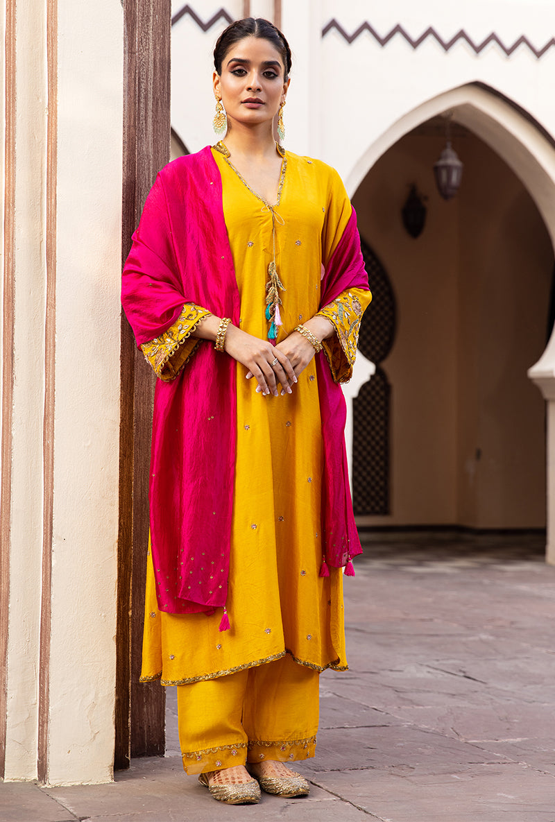 Mustard Mughal Jaal Heavy Sleeve Ulfat Kurta Set
