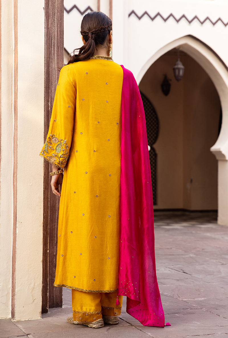 Mustard Mughal Jaal Heavy Sleeve Ulfat Kurta Set