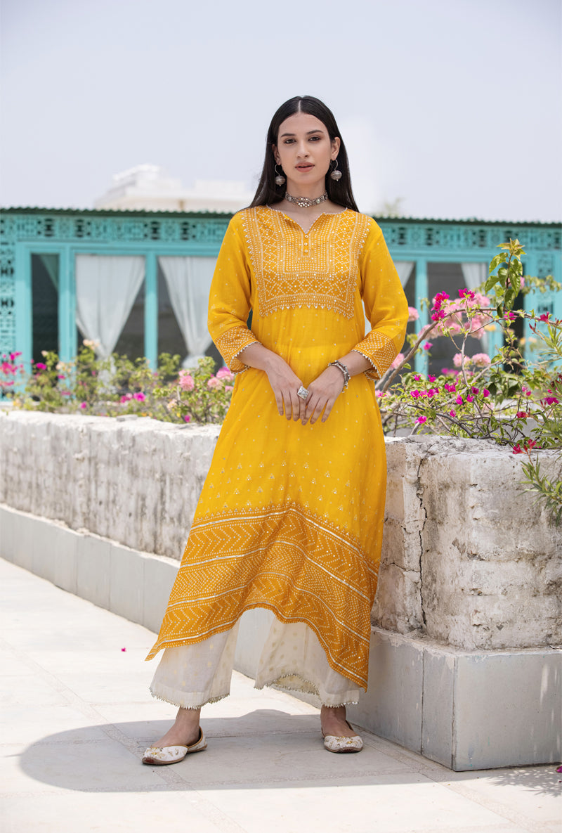 Yellow Fiza Asymmetrical Kurta Set