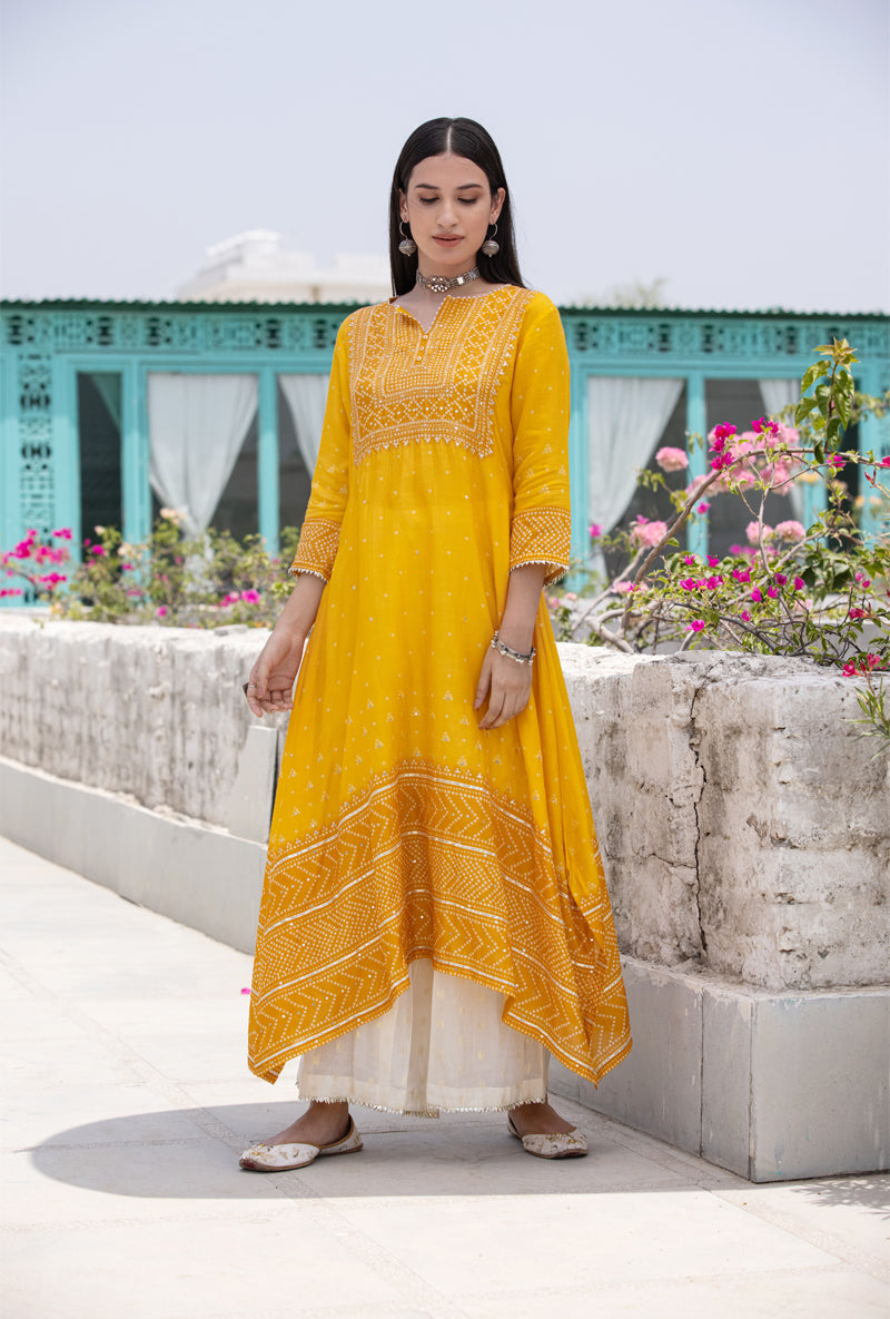 Yellow Fiza Asymmetrical Kurta Set