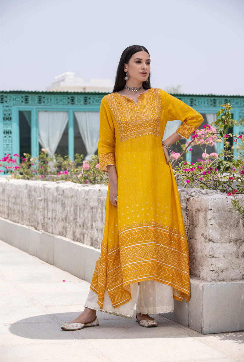 Yellow Fiza Asymmetrical Nura Kurta Set