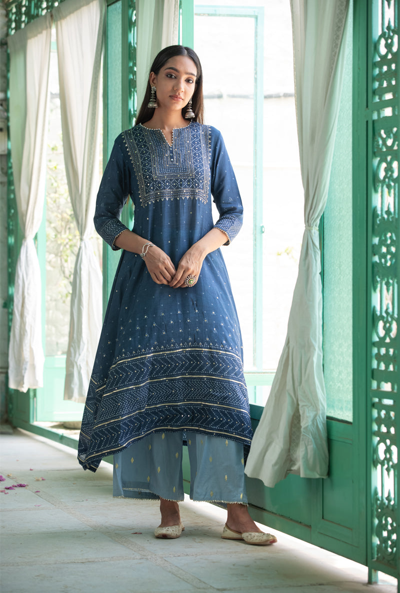 Blue Fiza Asymmetrical Nura Kurta Set