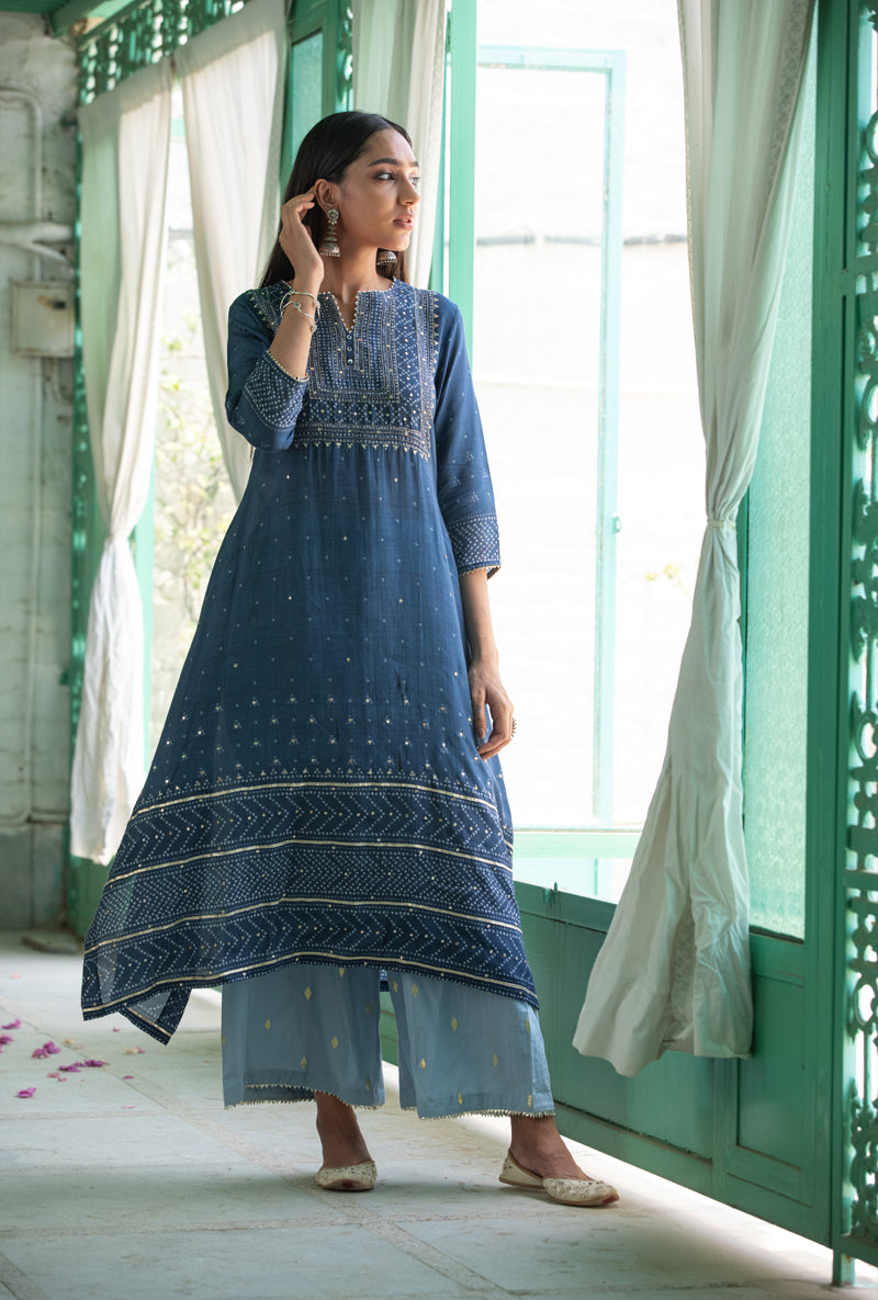 Blue Fiza Asymmetrical Nura Kurta Set