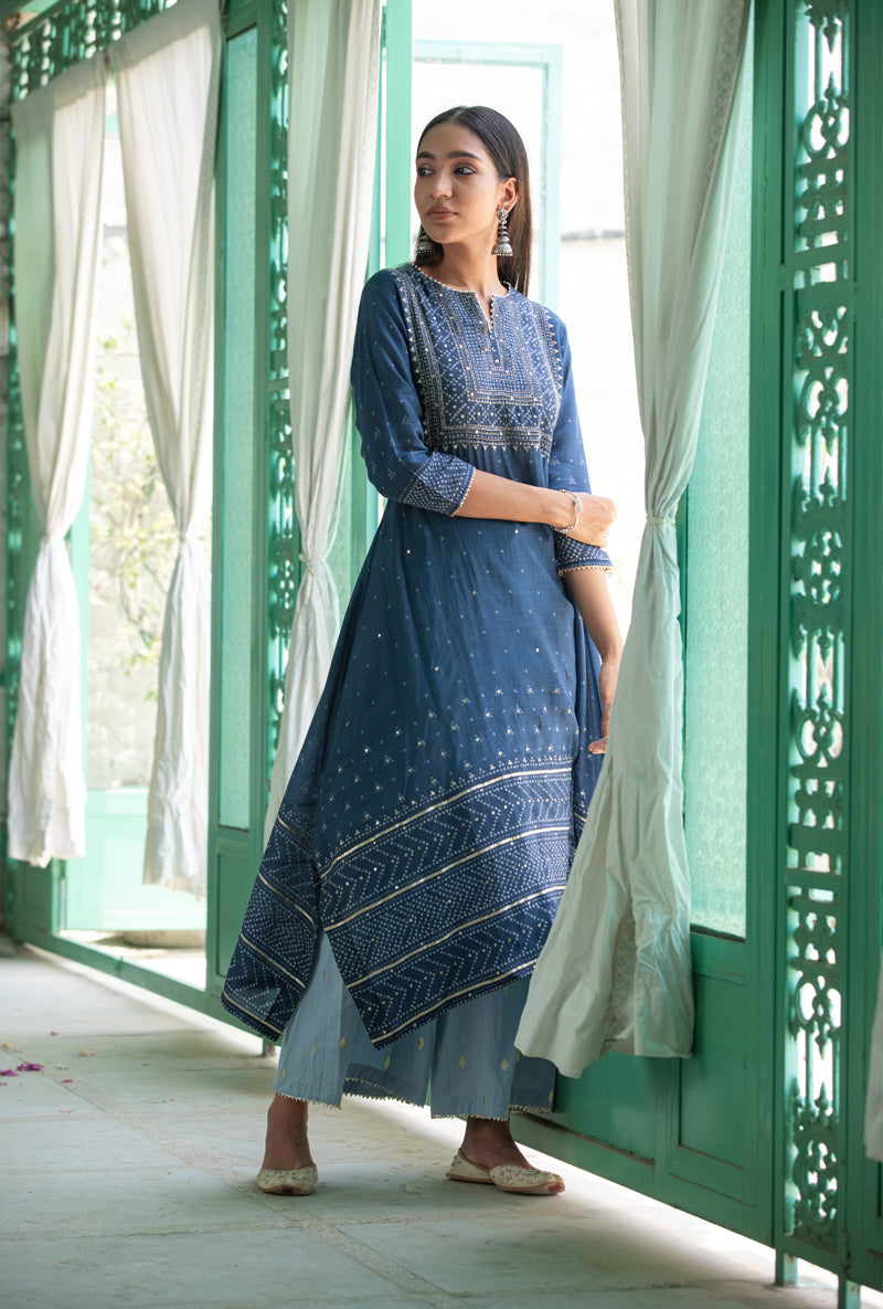 Blue Asymmetrical Fiza Kurta Set