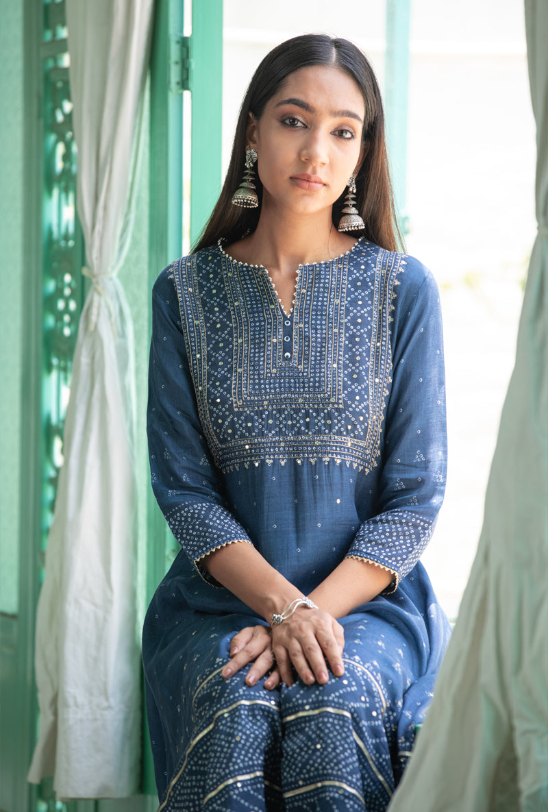 Blue Asymmetrical Fiza Kurta Set