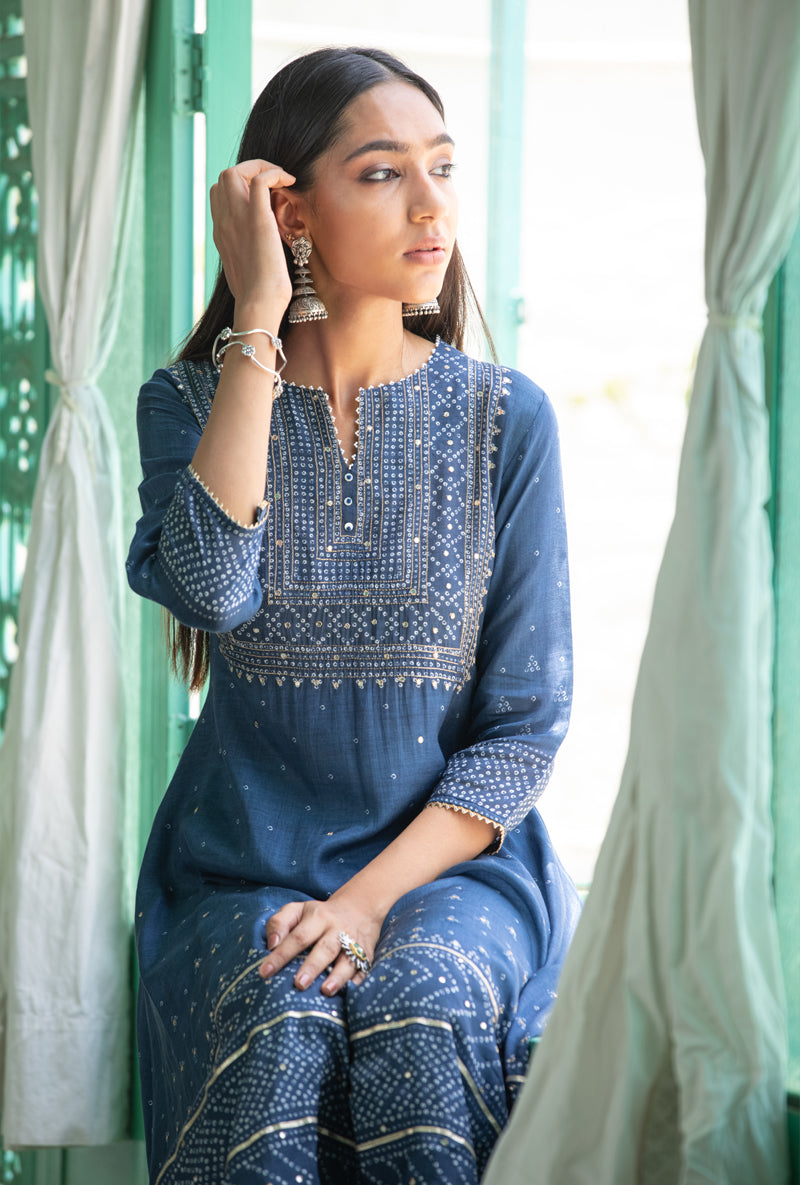 Blue Asymmetrical Fiza Kurta Set