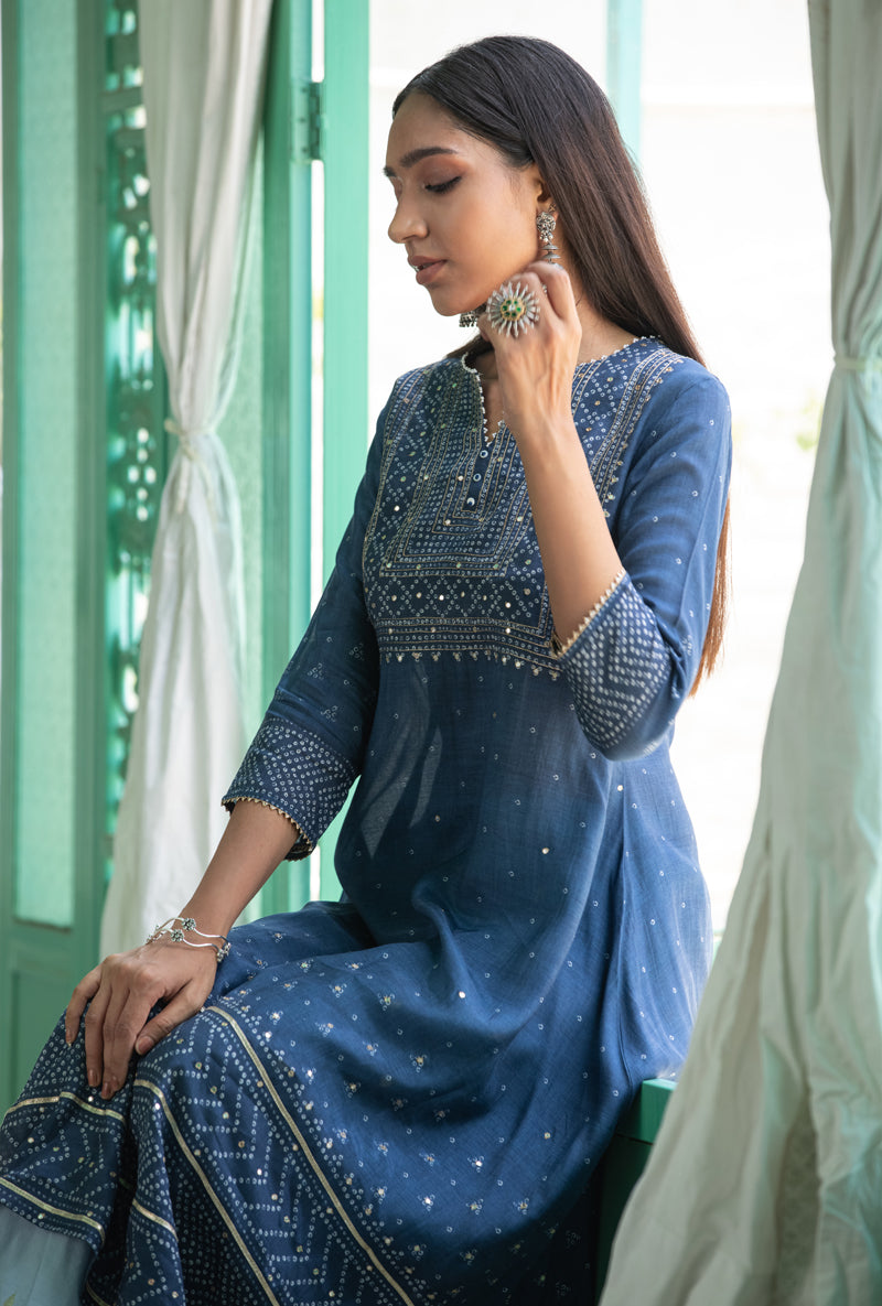 Blue Asymmetrical Fiza Kurta Set