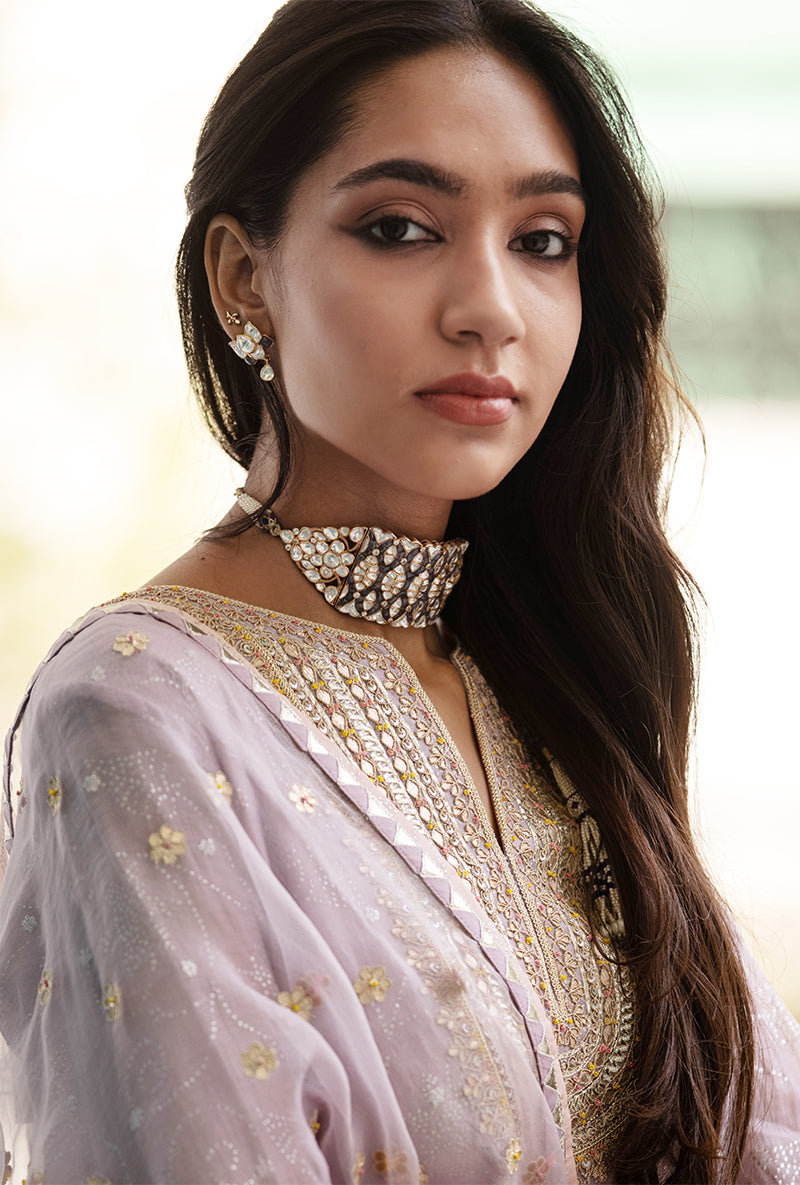 Polki And Blue Sapphire Gold Plated Silver Choker With Pearls