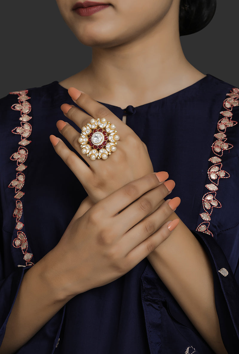 Gold Plated Silver Ring With Red Stones & Polki