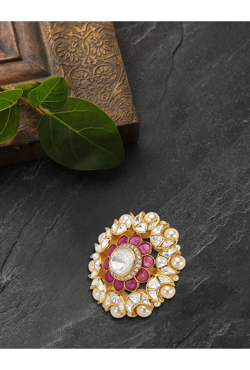 Gold Plated Silver Ring With Red Stones & Polki