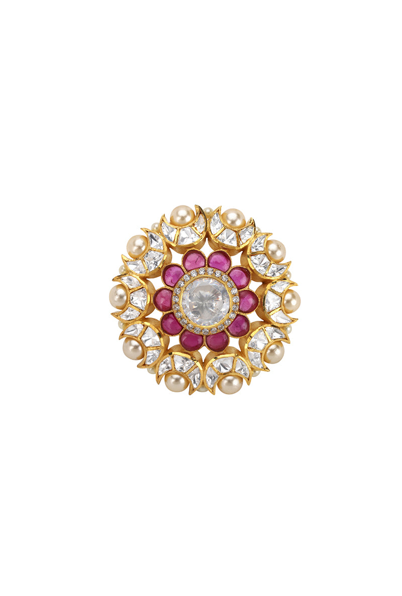 Gold Plated Silver Ring With Red Stones & Polki