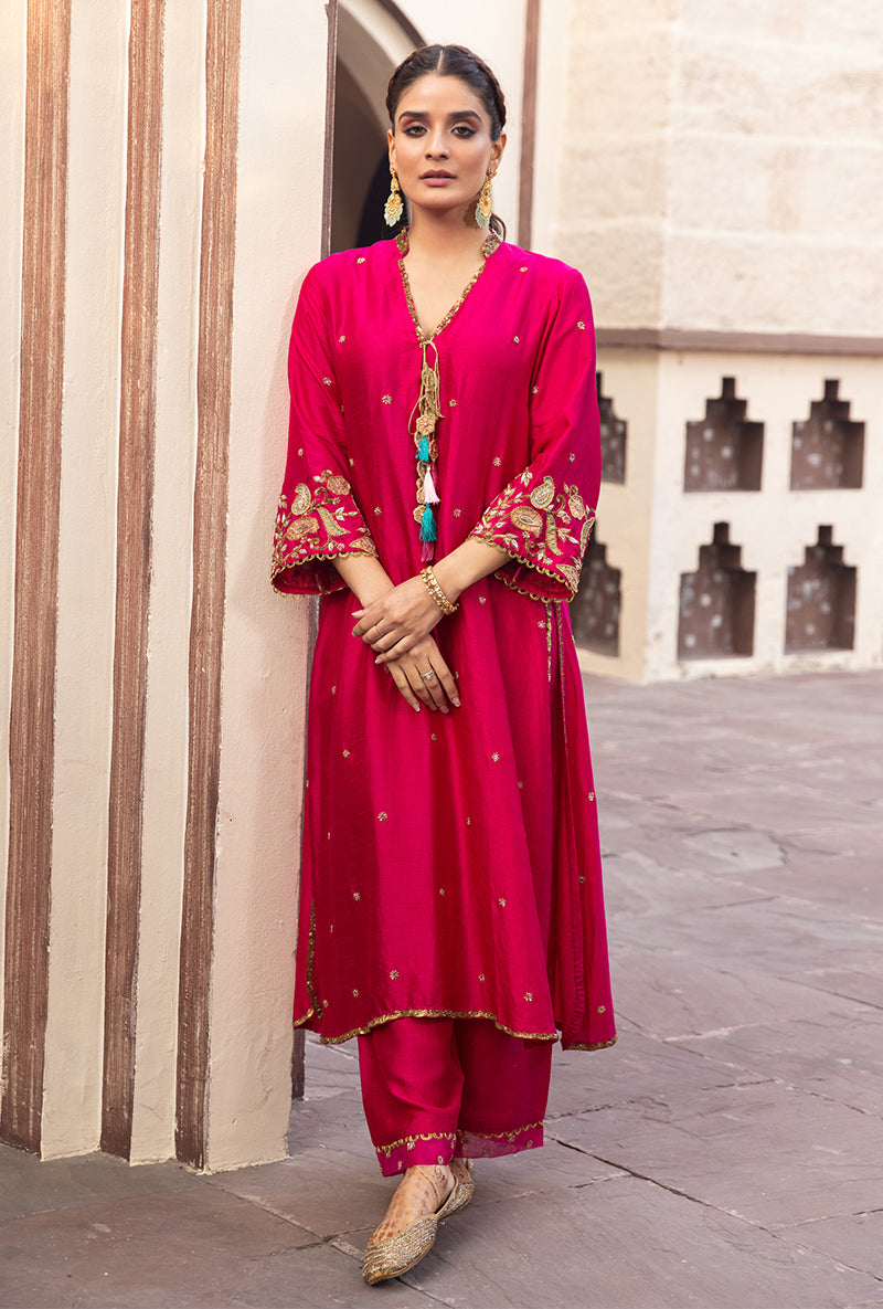 Rani Pink Mughal Jaal Heavy Sleeve Ulfat Kurta Set