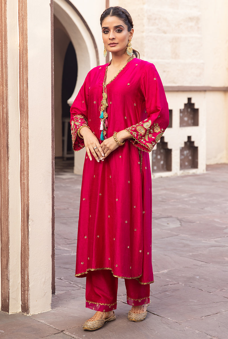 Rani Pink Mughal Jaal Heavy Sleeve Ulfat Kurta Set