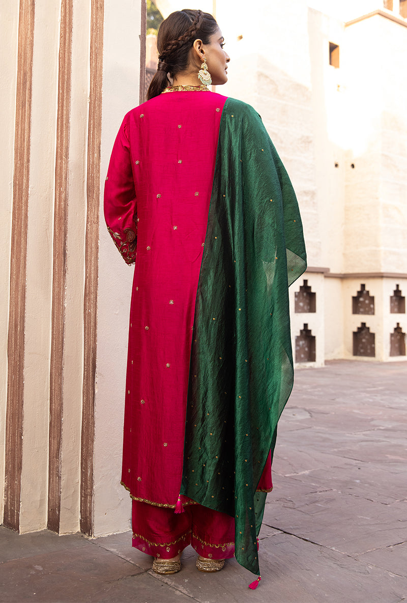 Rani Pink Mughal Jaal Heavy Sleeve Ulfat Kurta Set