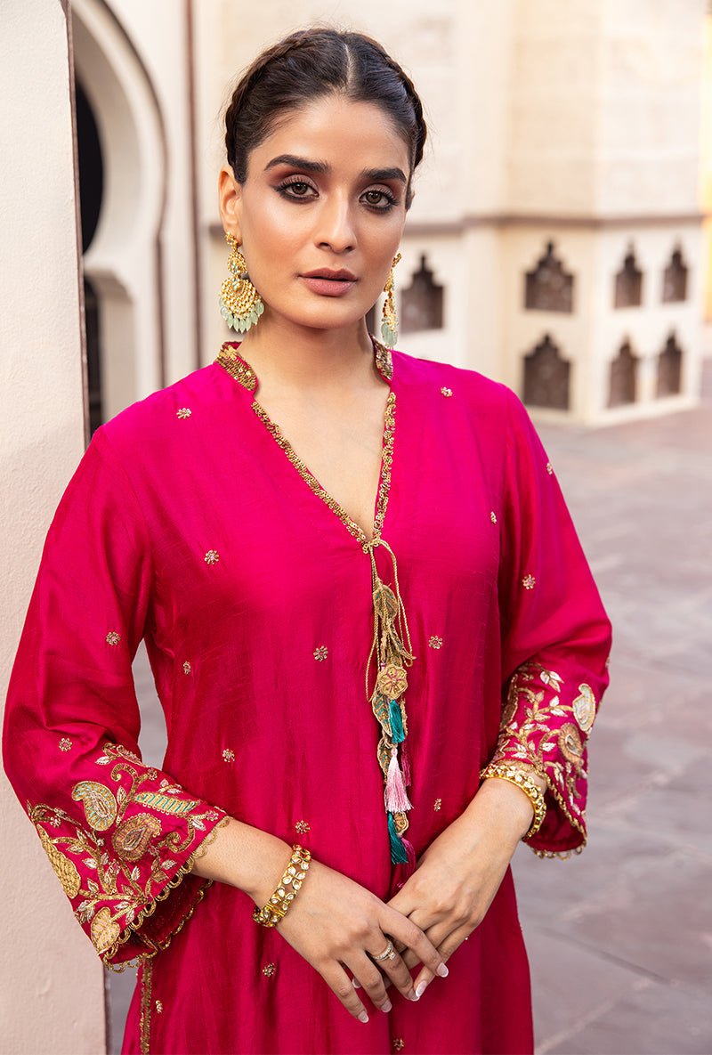 Rani Pink Mughal Jaal Heavy Sleeve Ulfat Kurta Set