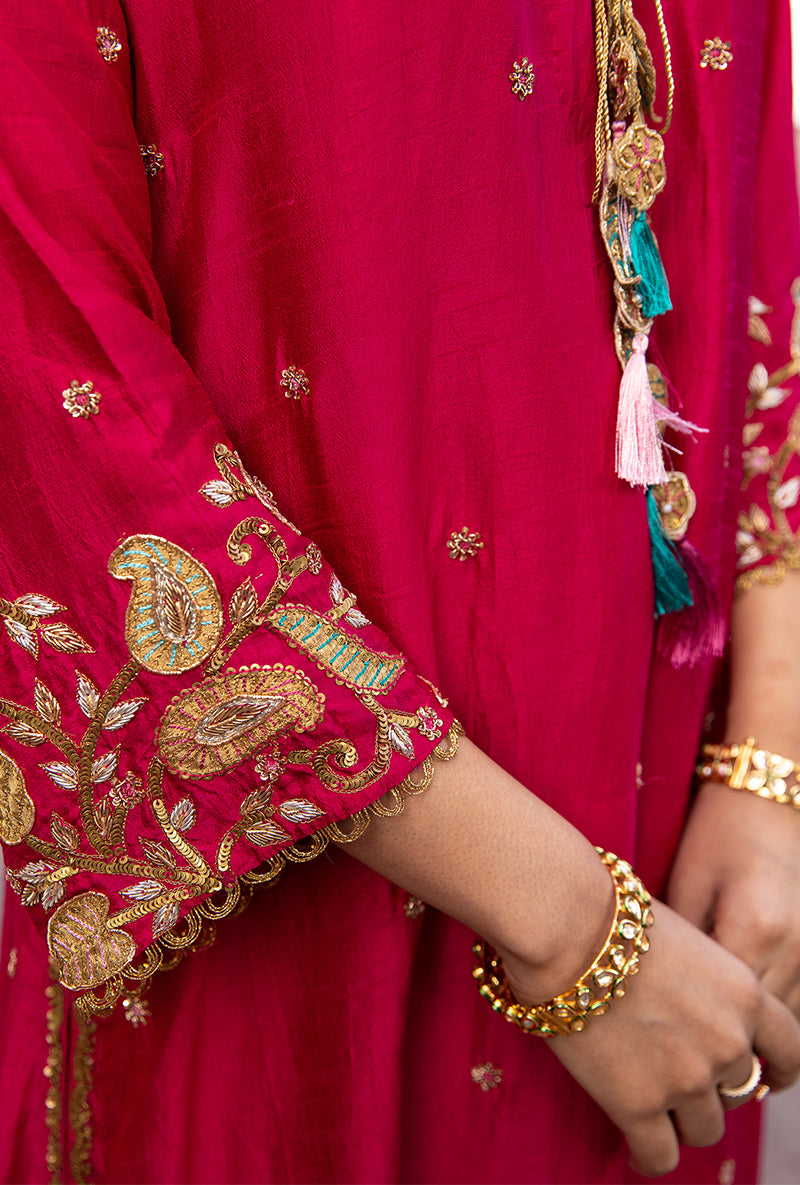 Rani Pink Mughal Jaal Heavy Sleeve Ulfat Kurta Set