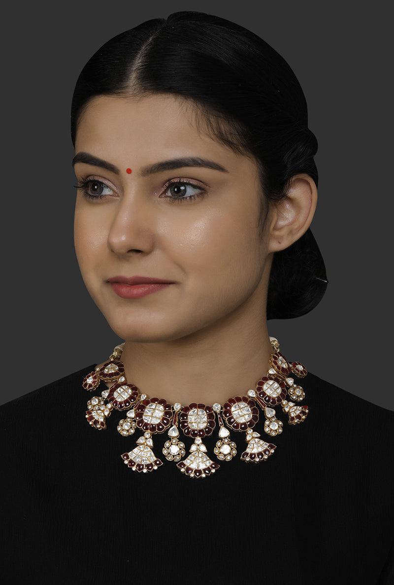 Gold Plated Silver Red Utrai & Polki Squarish Motif  Necklace