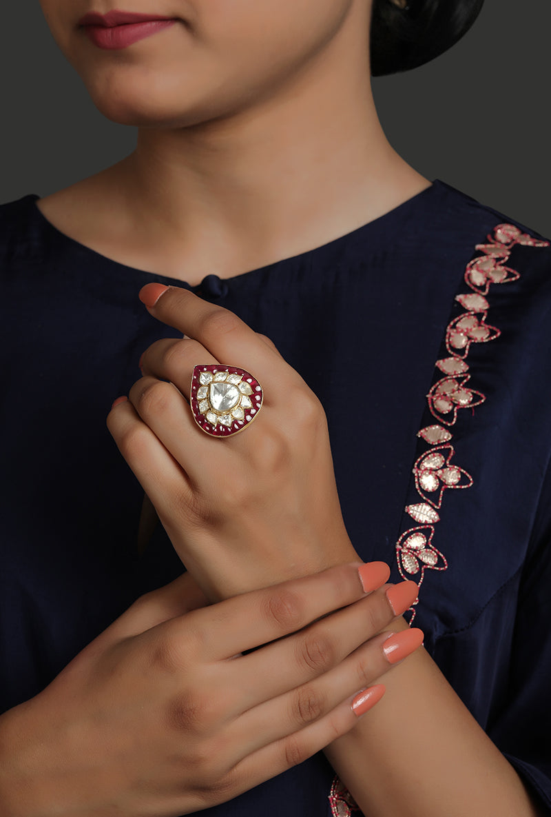 Gold Plated Silver Pear Shape Ring With Polki & Red Utarai